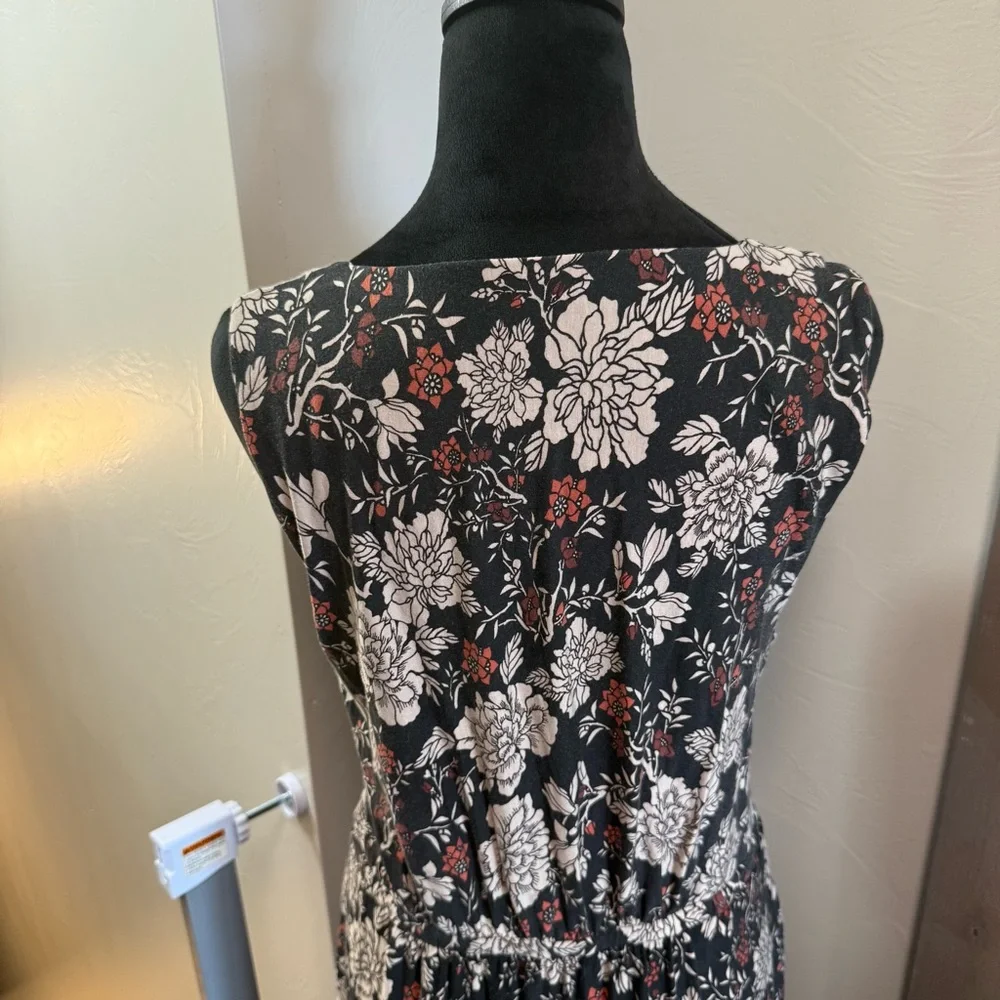 Garnet Hill Dark Floral Sleeveless Maxi Dress‎ Cinch Waist Faux Wrap Top Scoop L